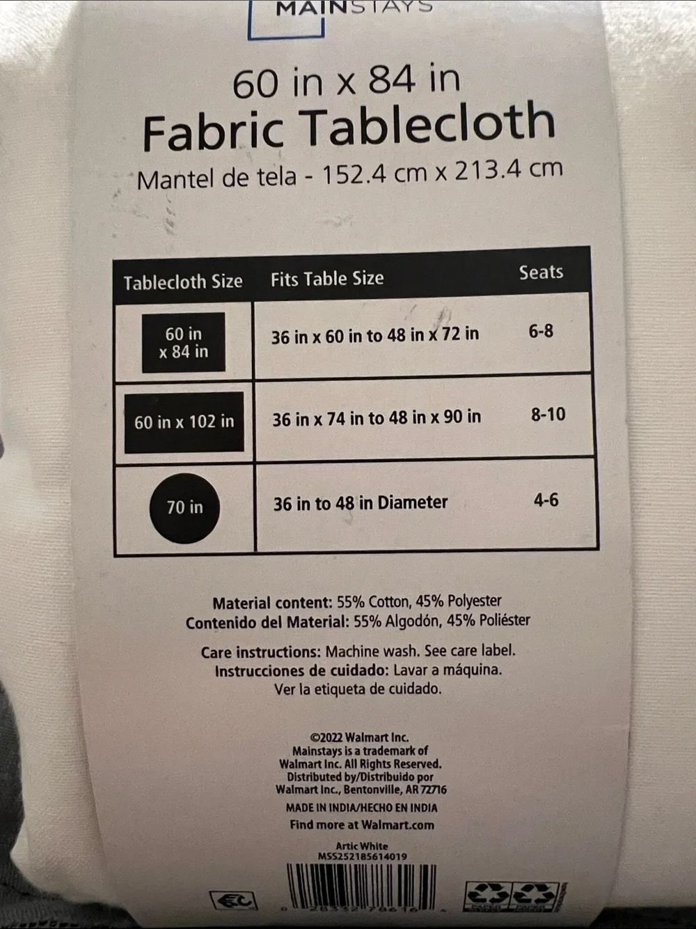 60” x 84” White Cotton Blend Tablecloth - Classic Dining by Mainstays